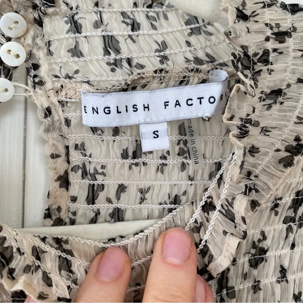 English Factory | Brown Floral Smocked High‑Neck Midi Prairie Cottagecore Dress